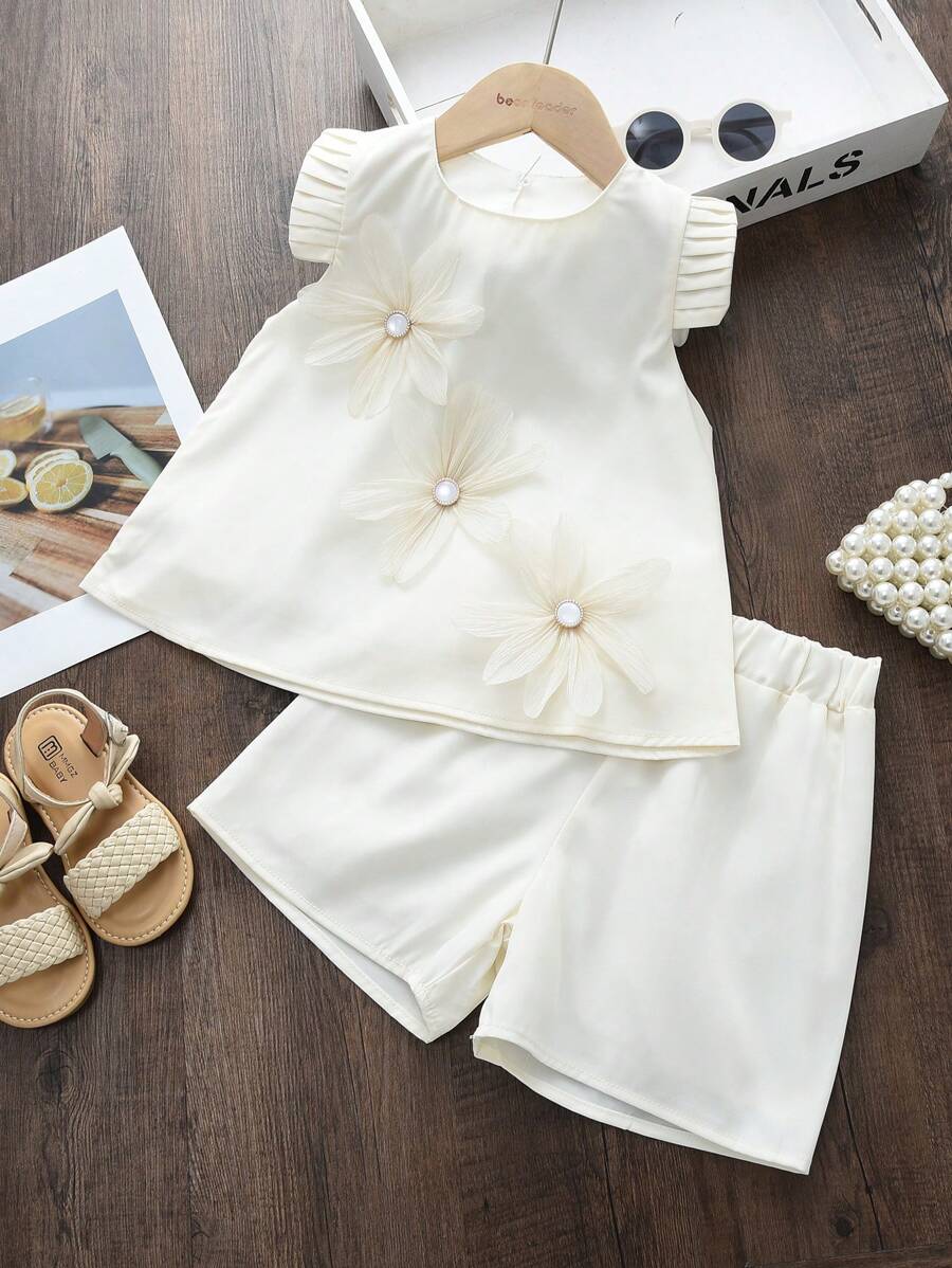 Set casual da 2 pezzi per ragazza, composto da canotta e pantaloncini per l'estate - Beige - Visualizzare 1