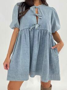 Vestido vaquero para mujer, manga corta abullonada, estilo babydoll, mono vaquero, bolsillos, vestidos azules casuales de verano 2025 a la moda - Azul - Ver 2
