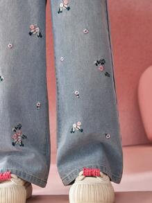 ASK JUNIOR 女童儿童休闲刺绣碎花阔腿牛仔裤