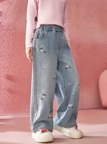 ASK JUNIOR 女童儿童休闲刺绣碎花阔腿牛仔裤