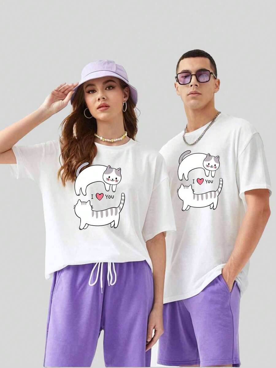 Couple T-Shirt Cotton Unisex Blouse Soft Comfort Cartoon Style Summer Second Piece 50% Discount - Crème - Voir 1
