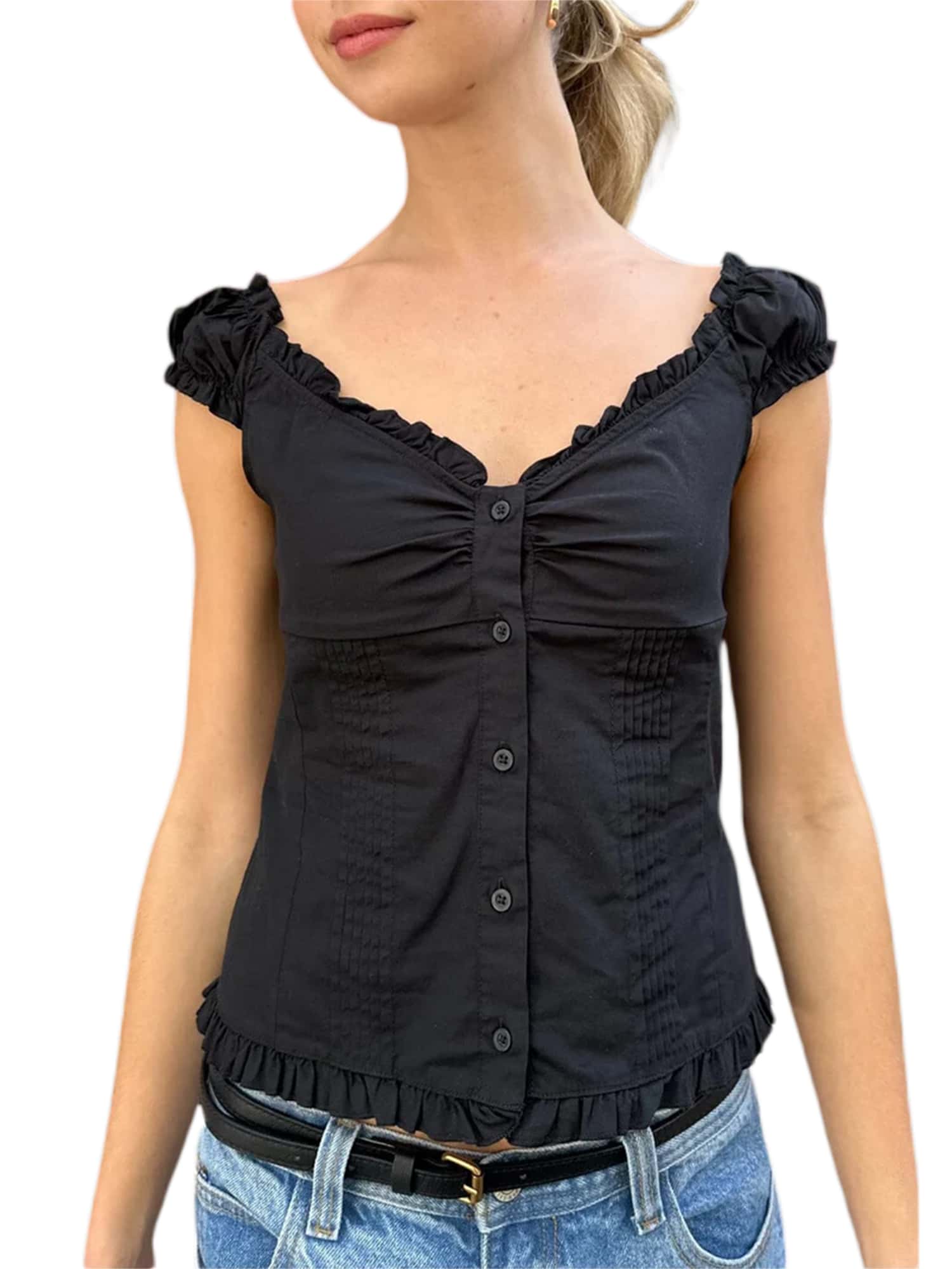 Women's Button Down Tops Fashion Cap Sleeve Solid Color Slim Fit Frill T-Shirts Summer Blouses