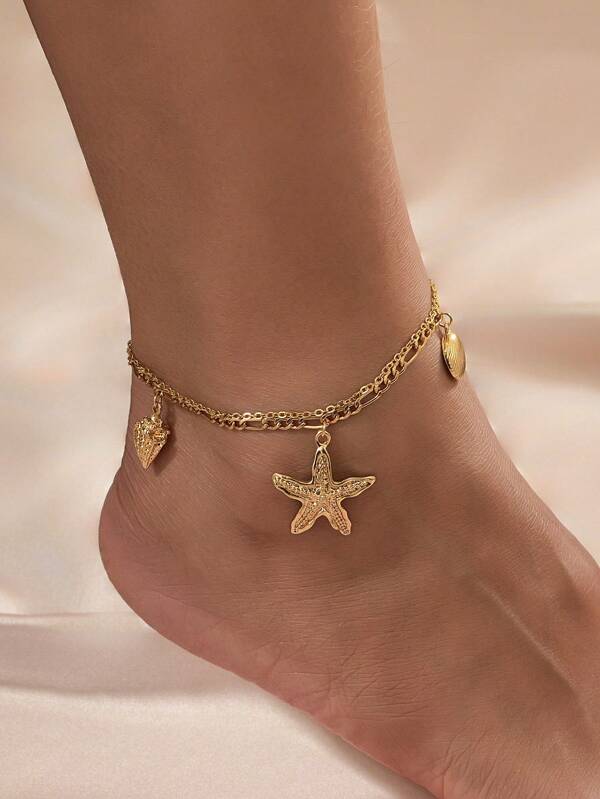 1 pieza Tobillera/Pulsera multicapa con colgante de estrella de mar y concha de estilo veraniego playero para mujeres, regalo de vacaciones
