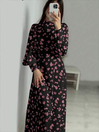 Ditsy Floral Long Sleeve Casual Day Dress, Minimalist & Stylish,Modest