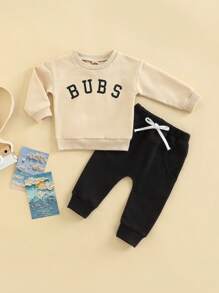 Toddler Baby Boy Fall Winter Clothes 0 6 12 18 24 Months 2T 3T Funny Letter Long Sleeve Sweatshirt And Pants Set 2 Piece Sweatsuit Outfit - 杏色 - 查看 2
