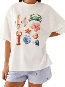 Women's Summer Casual Tops Short Sleeve Round Neck Seafood Print Loose Fit T-Shirt