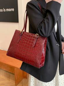 New Stone Textured Large Capacity Women's Tote Bag, PU Material, Suitable For Commute In Winter - Red - View 4