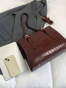 New Stone Textured Large Capacity Women's Tote Bag, PU Material, Suitable For Commute In Winter - Red - View 7