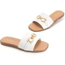 Rihero Stylish Women's Flat Sandals Summer Comfortable Square Open Toe Slip On Leather Slide Sandals - White - View 6