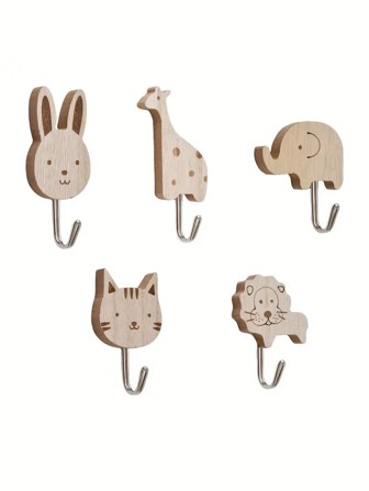 5 st Trä djurformade söta väggkrokar, barnrumsinredning självhäftande klädhängare förvaringskrokar