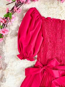 Pleated Midi Dress With Elastex Waist - Hot Pink - View 6