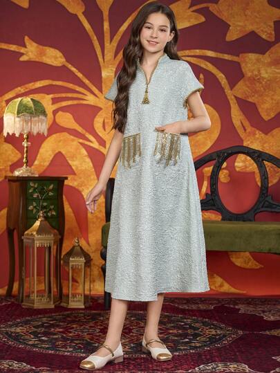 Modisches, elegantes Tween Mädchen- & Teenager Kleid mit Perlenverzierung, kurzärmelig, Linie, für den Urlaub