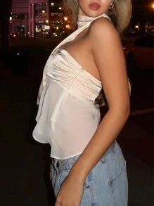 Women's New Strapless Satin Cropped Top Paired With Scarf, Summer Short Sleeve Blouse - Champagne - View 4