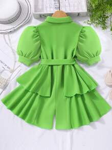 Girls' Solid Short Sleeve Romper With Belt, Summer - Green - View 2