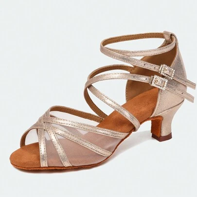 女式踝带设计拉丁舞鞋金色舞蹈凉鞋网眼莎莎舞鞋交谊舞表演练习舞蹈鞋