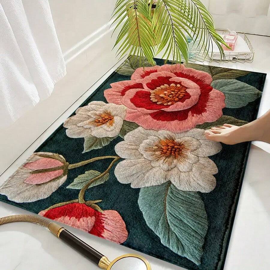 1pc Vintage Pink & White Floral Anti-Slip Mat, Faux Wool Super Soft Fiber Bathroom Doormat, Ultra Plush Bath Rug, Washable, Low Pile, TPR Backing, Knitted Fabric, Suitable For Entryway, Bathroom, Bedroom, Kitchen, Foyer, Indoor/Outdoor Use, Bathroom Accessory, Home Decor - Multicolor - View 1