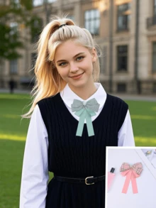 1 件手工制作的女士校园/休闲风格领结，饰有双心形水钻配饰，适合校服、衬衫、日常穿着 - 格紋款 - 查看 1