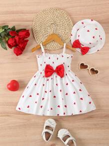 2 pezzi/set nuovo abito estivo da bambina con stampa a cuore e fiocco, set di 2 pezzi con vestito e cappello