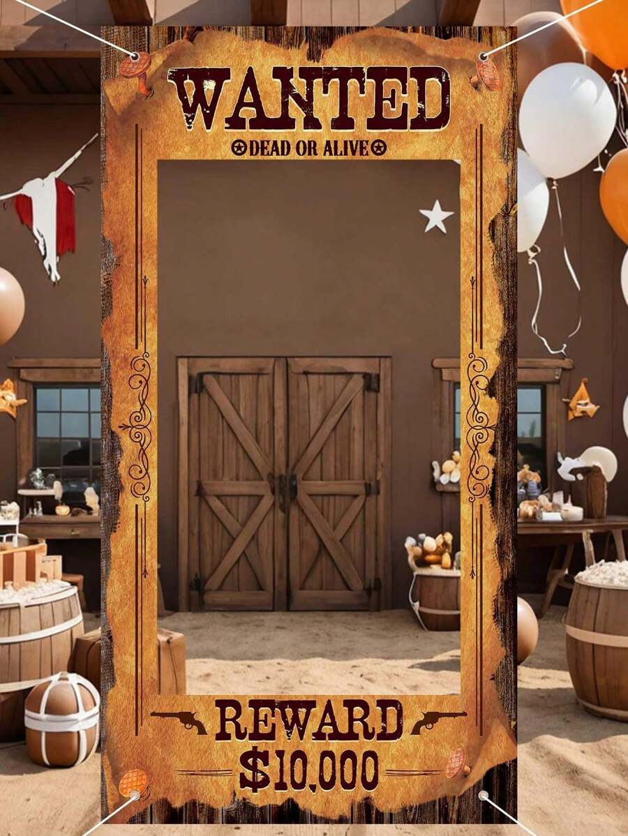 Large Cowboy Theme Party Decorations Western Wanted Poster Photo Banner, Fun Photo Frame Banner, Western Wanted Photo Booth Props, Suitable For Wild West Birthday Game Party, Vintage Country Decor