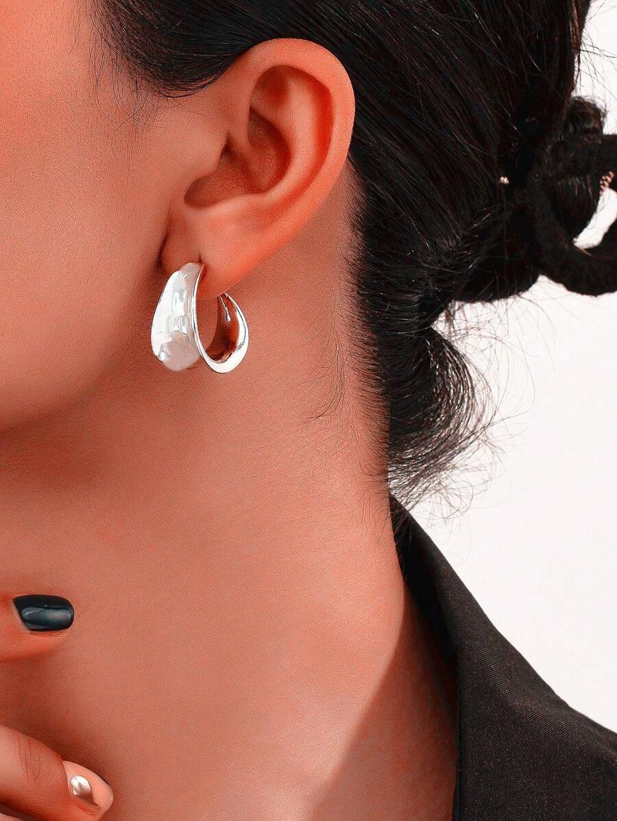 1 Pasang Anting Hoop Minimalis Geometris Halus, Cocok untuk Pemakaian Sehari-hari - platinum - View 1
