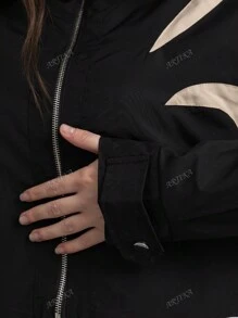 Giacca casual semplice da donna, con cerniera anteriore, manica lunga, in tinta unita con inserti in patchwork