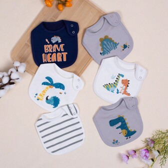 6pcs/Set Cute Cartoon Animal Print Waterproof Adjustable Snap Bib For Babies & Toddlers, Feeding Bibs For All Seasons