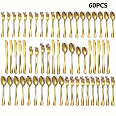 30/60-Piece Luxury Golden Flatware Set, Stainless Steel Cutlery For 6, Includes Dinner Spoons, Teaspoons, Dinner Forks, Salad Forks, Dinner Knives, Ideal For Home, Restaurant, Parties & Weddings