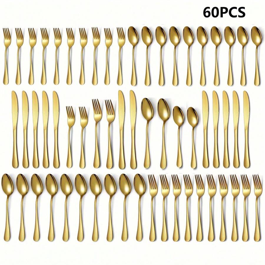 30/60-Piece Luxury Golden Flatware Set, Stainless Steel Cutlery For 6, Includes Dinner Spoons, Teaspoons, Dinner Forks, Salad Forks, Dinner Knives, Ideal For Home, Restaurant, Parties & Weddings - 金色 - 查看 1