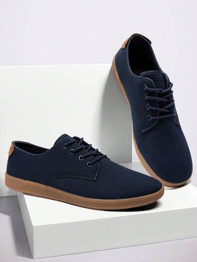 Męskie buty płócienne sznurowane płaskie buty codzienne mokasyny treningowe oddychające buty biznesowe modne trampki ciemnoniebieskie