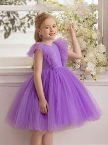 年轻女孩薄纱复活节派对礼服优雅公主礼服，女孩婚礼舞会选美生日庆祝礼服 - 紫色 - 查看 6