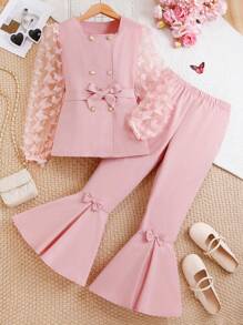 Tween Girl Stylish & Elegant 3D Butterfly Mesh Sleeve Top & Flare Leg Pants Set, Suitable For Spring Autumn - Pink - View 1