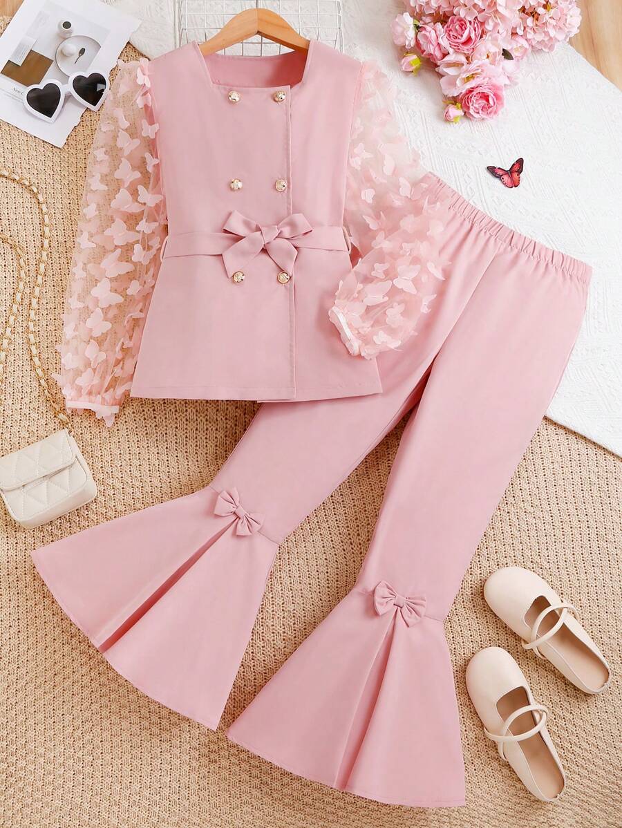 Tween Girl Stylish & Elegant 3D Butterfly Mesh Sleeve Top & Flare Leg Pants Set, Suitable For Spring Autumn - Pink - View 1