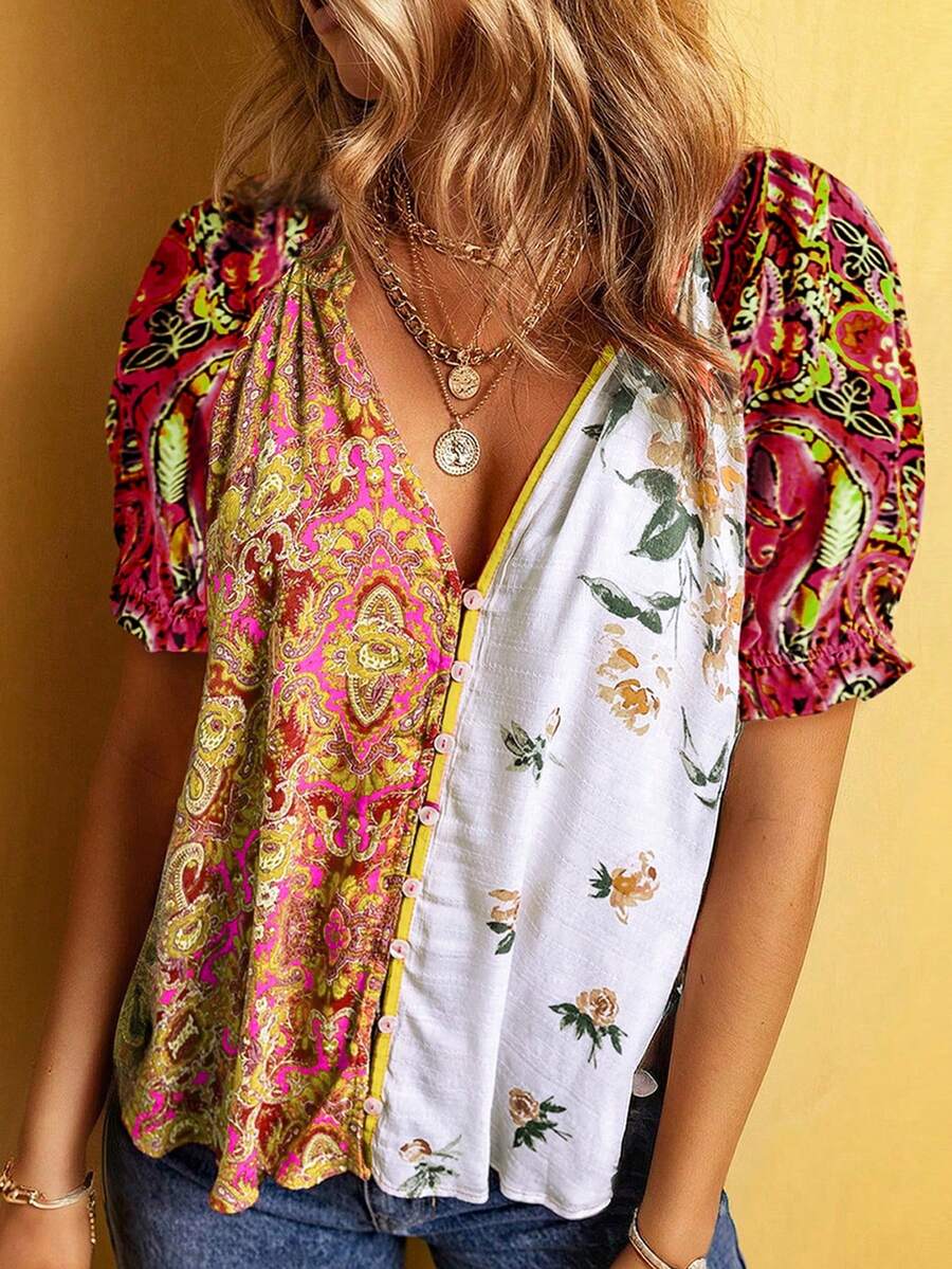 Acelitt Suéter de mujer de cuello en V con bloque de color y estampado floral aleatorio, elegante y lindo, para verano - Multicolor - Ver 1