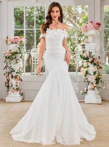 UNITHORSE Women's Handmade Floral Applique Lace Mesh Patchwork White Fishtail Wedding Dress,Bride, All White Party Outfit Women - White - View 4