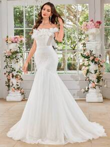 UNITHORSE Women's Handmade Floral Applique Lace Mesh Patchwork White Fishtail Wedding Dress,Bride, All White Party Outfit Women - White - View 6