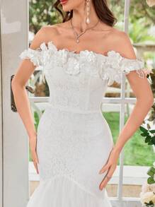 UNITHORSE Women's Handmade Floral Applique Lace Mesh Patchwork White Fishtail Wedding Dress,Bride, All White Party Outfit Women - White - View 7