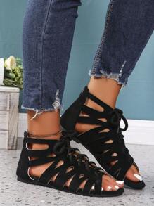 Women's Fashion Multi-Design Sandals With Zipper, Drawstring, Hollow-Out, Round Toe, Open Toe, Flat, Strap, Outdoor, Comfortable, Plus Size, Breathable Casual Sandals For Summer And Spring