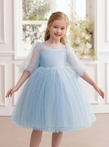 Váy công chúa đính nơ cho bé gái thanh lịch, thích hợp cho tiệc cưới, tiệc tùng, sinh nhật, dạ hội, những dịp quan trọng - Màu xanh nhạt - Xem 6
