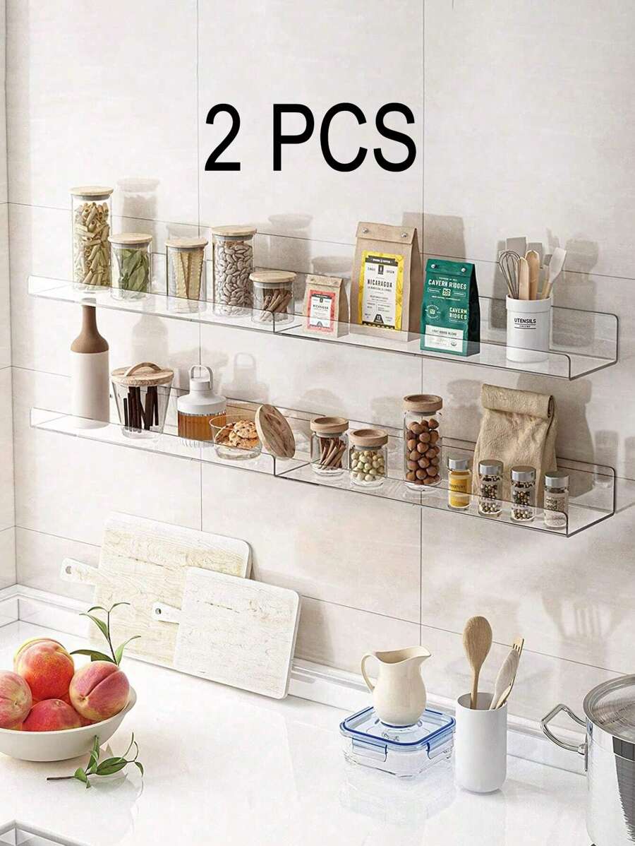 2pcs Acrylic Storage Shelf, Clear Floating Wall Mounted Rack, Display Cabinet, Book Storage, Multi-Purpose Storage Rack For Bedroom, Bathroom And Living Room, Gift For Valentine's Day - Clear - View 1