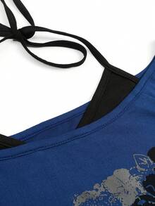 Women's Fashionable Y2K Retro Backless Lace-Up Fitted Music Note Print Crop Top, Short Sleeve T-Shirt - Navy Blue - View 5