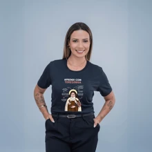 Camiseta Larguinha Algodão Estamp Aprendi Com Santo Teresinha Cristã Católica - Preto - Visão 2