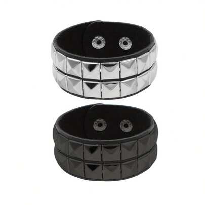 1pc Rivet Bracelet, Unisex PU Leather Punk Bracelet, 80s Wristband Goth Punk Rock Bracelet, Black/Silver Punk Rock Style Double Row Square Rivet Faux Leather Cuff Bracelet, Party Accessory & Halloween Gift