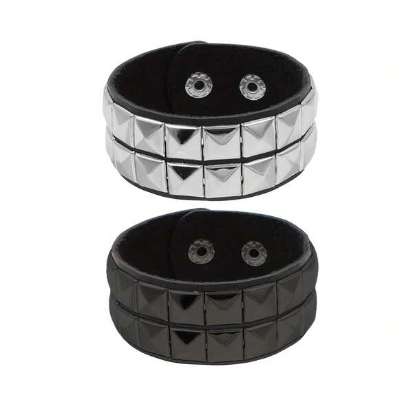 Studded Bracelet PU Leather Punk Bracelet For Men Women, 80s Wristband Goth Punk Rock Bracelet, Black/Silvery Punk Rock Style Two Rows Square Studs Faux Leather Bracelet Cuff Bangle Unisex Bracelets For Party Favors Accessories & Gift