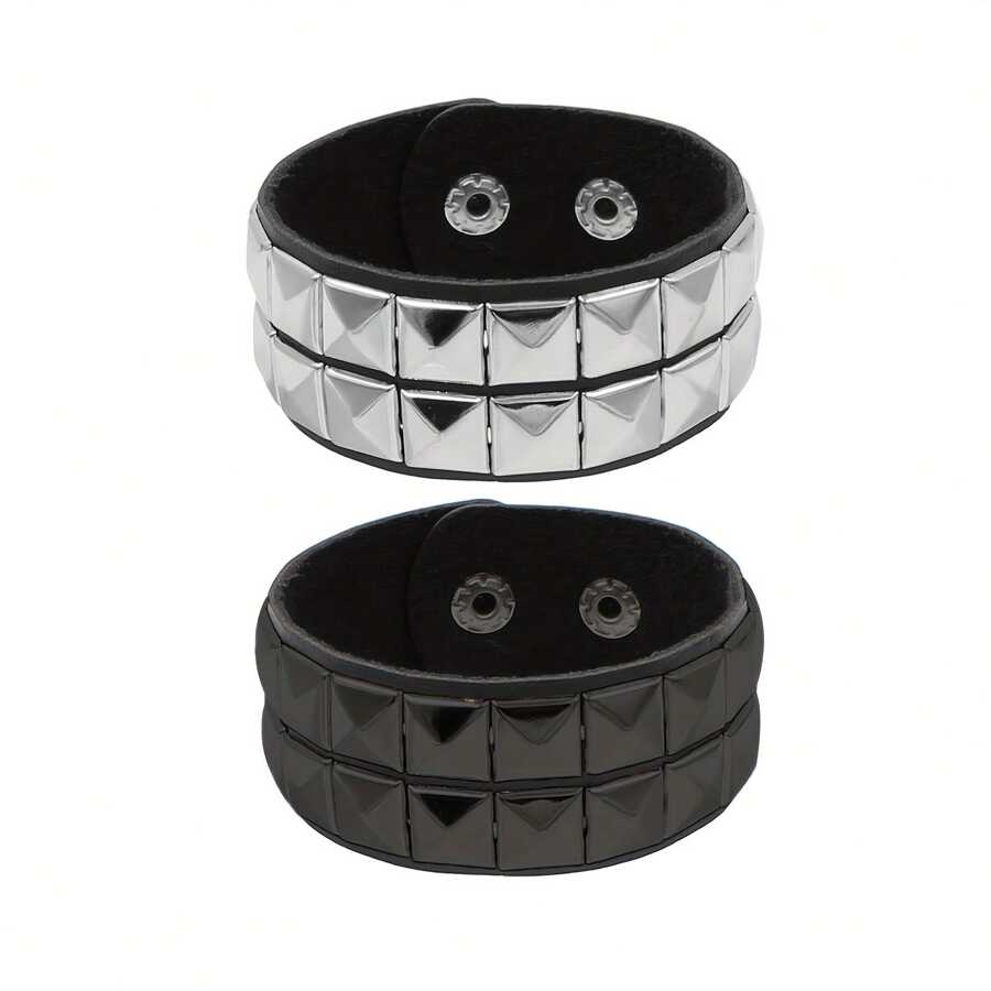 Studded Bracelet PU Leather Punk Bracelet For Men Women, 80s Wristband Goth Punk Rock Bracelet, Black/Silvery Punk Rock Style Two Rows Square Studs Faux Leather Bracelet Cuff Bangle Unisex Bracelets For Party Favors Accessories & Gift Halloween