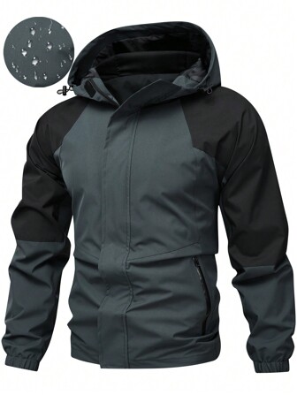 Herr långärmad utomhus casual vindtät färgblocksjacka med huva, för hösten