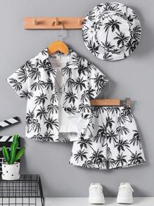 3pcs/Set Boys' Casual Summer Beach Holiday Coconut Tree Print Short Sleeve Shirt, Shorts And Hat - Black and White - View 1