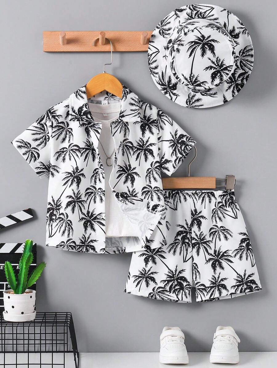 3pcs/Set Boys' Casual Summer Beach Holiday Coconut Tree Print Short Sleeve Shirt, Shorts And Hat - Black and White - View 1