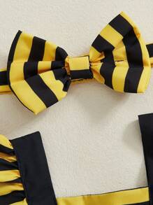 Monos de verano para niñas con estampado de abeja, mariquita, vaca y elefante, con dobladillo y mangas abullonadas y diadema - Amarillo - Ver 4