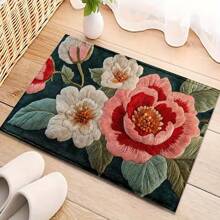 1pc Vintage Pink & White Floral Anti-Slip Mat, Faux Wool Super Soft Fiber Bathroom Doormat, Ultra Plush Bath Rug, Washable, Low Pile, TPR Backing, Knitted Fabric, Suitable For Entryway, Bathroom, Bedroom, Kitchen, Foyer, Indoor/Outdoor Use, Bathroom Accessory, Home Decor - Multicolor - View 2
