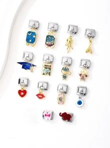 1PC Stainless Steel Italian Module Bracelet Components, With Suitcase, Devil's Eye, Eiffel Tower And Other Pendant , DIY Making Jewelry For Bracelet Necklaces, Can Be Freely Matched With Different Styles